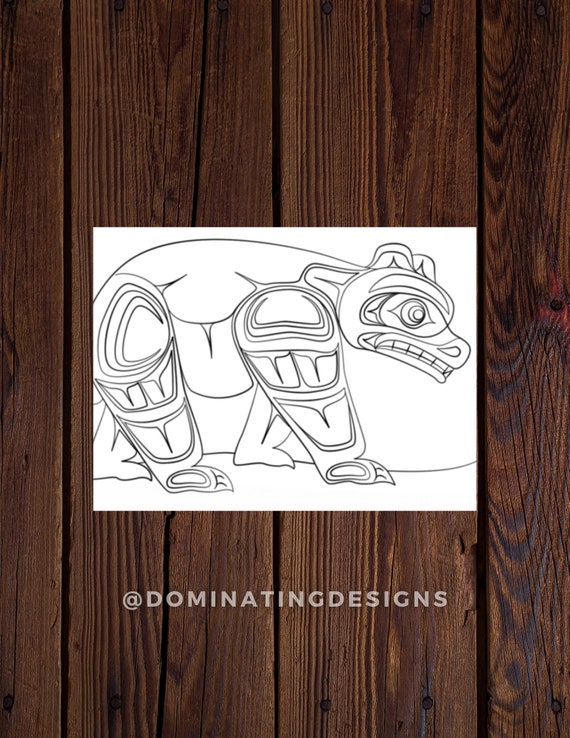 Haida art bear coloring page grayscale digital download jpeg png dominating designs