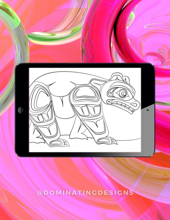 Haida art bear coloring page grayscale digital download jpeg png dominating designs