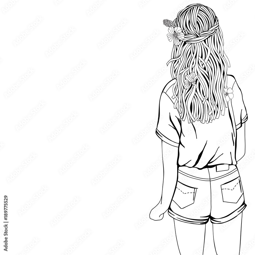 Cute girl with long hair and flowers coloring book page for adult black and white doodle zentangle style vector