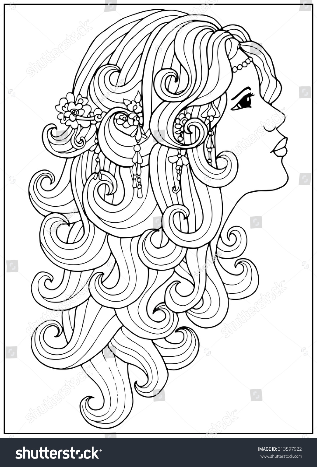 Coloring page girl long curly hair stock vector royalty free