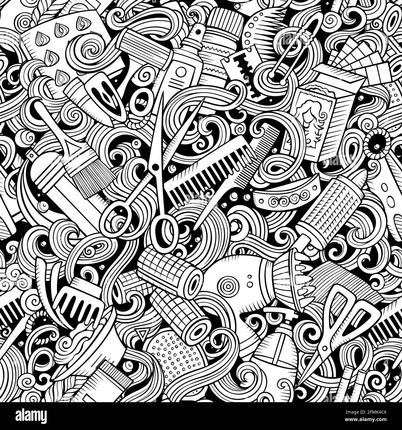 Hair salon hand drawn doodles seamless pattern hairstyle background cartoon hairdressing coloring page design sketchy vector barbershop illustratio stock vector image art