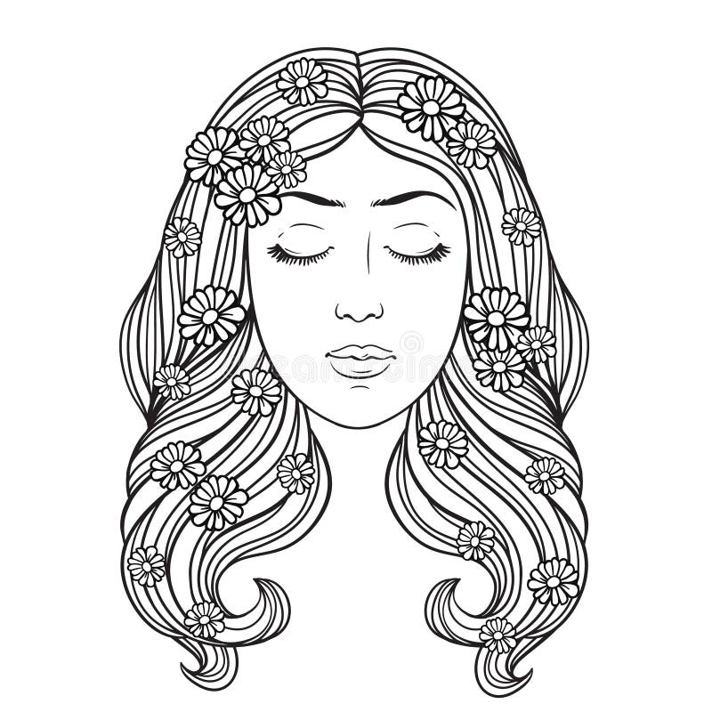 Coloring page portrait girl flowers hair stock illustrations â coloring page portrait girl flowers hair stock illustrations vectors clipart