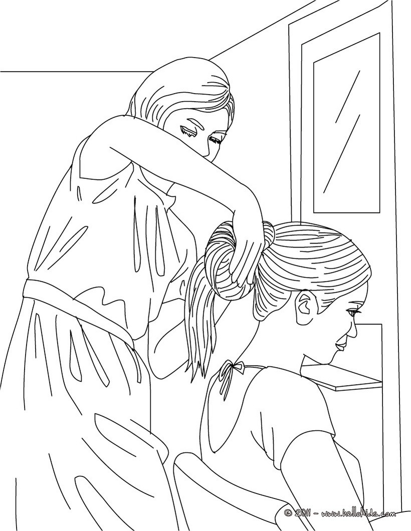 Girl having her hair done by a hairdresser coloring pages