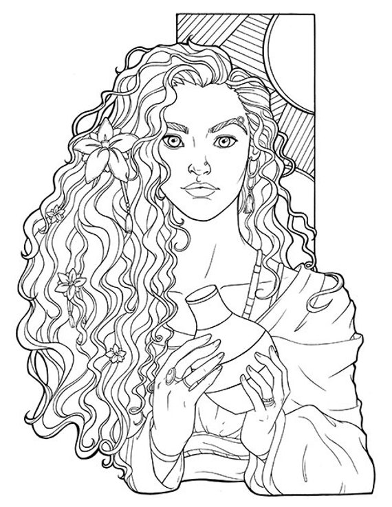 Beautiful curly hair woman holding jar coloring page for adults coloring sheet for adults instant printable digital download