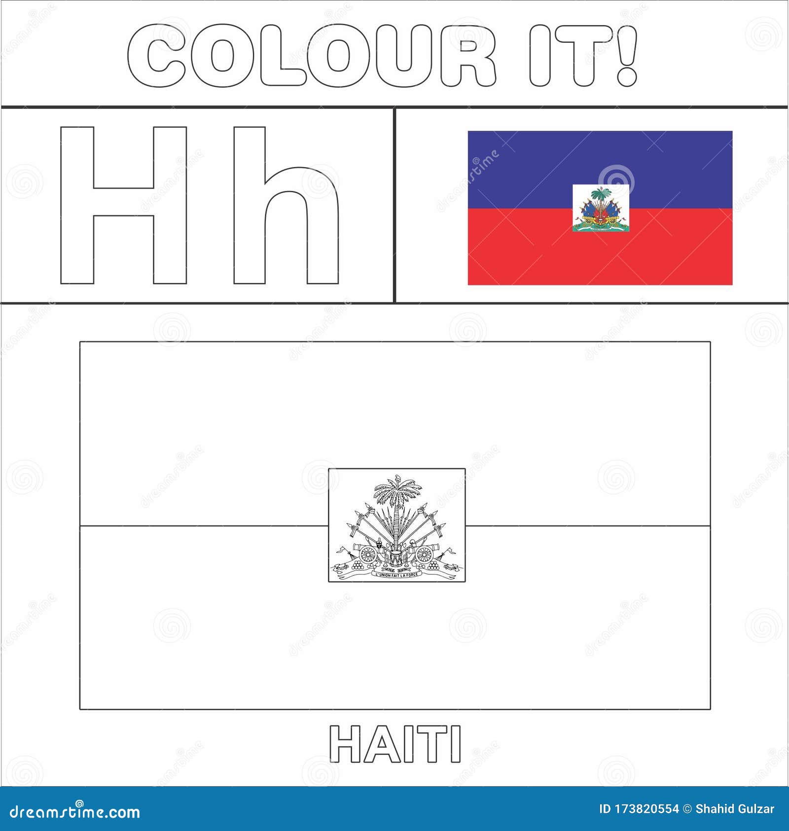 Colour it kids colouring page country starting from english letter h haiti how to color flag stock illustration