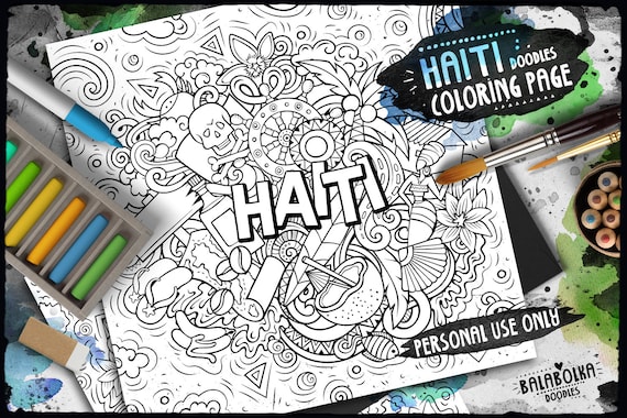 Haiti digital coloring page exotic island adult coloring around the world doodles country doodle illustration printable coloring sheet