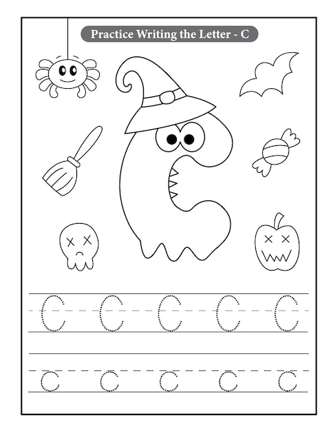 Premium vector halloween alphabet coloring pages with baby ghost