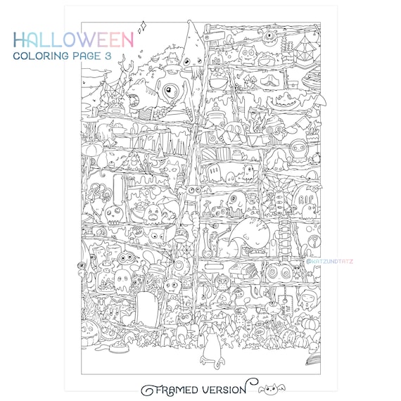 Halloween coloring page cute autumn doodle digital download pdf printable mushroom potion cat skull adult coloring page by jen katz