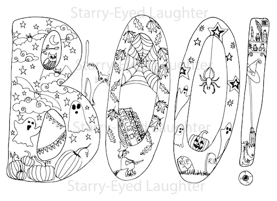 Boo spooky halloween coloring page for children and adults printable pdf file