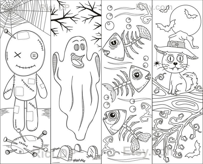 Coloring bookmarks for halloween creepy creatures scarecrow witch skeleton fish ghost zombie rag doll digital download