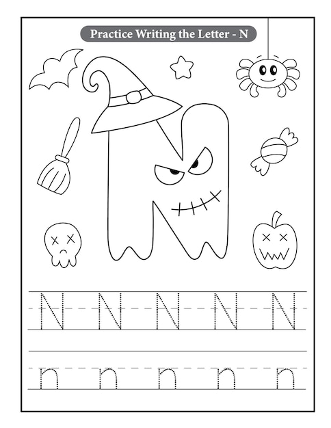 Premium vector halloween alphabet coloring pages with baby ghost
