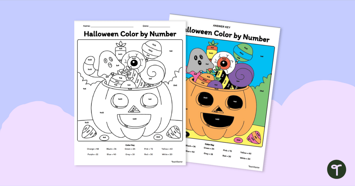 Halloween multiplication color by number worksheet teach starter