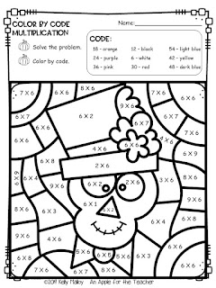 An apple for the teacher halloween color by number math facts practice