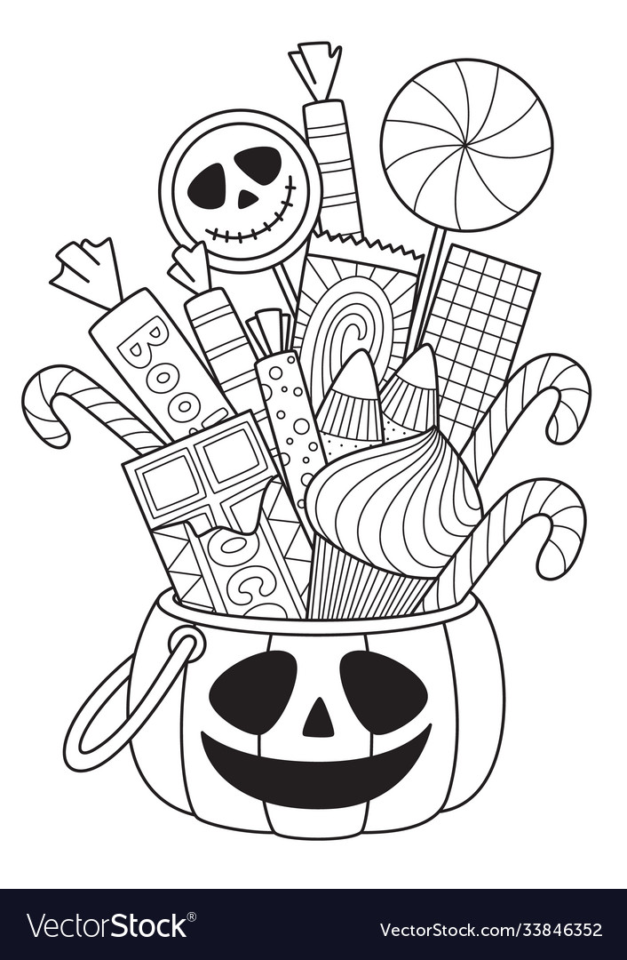 Halloween pumpkin with candies doodle coloring vector image
