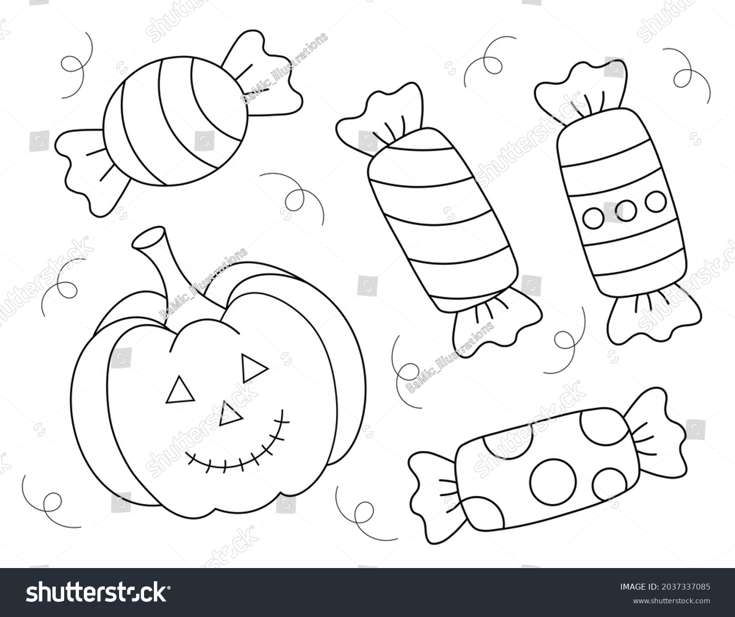 Easy halloween coloring sheet candies pumpkin stock illustration
