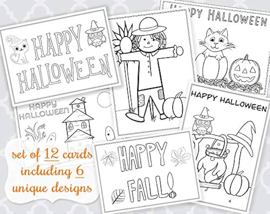 Halloween colouring cards printed greeting cards autumnharvest autumnpumpkin october assorted flat colouring pages and envelopes for kids and adults for crafts grandchildren assorted printed cards pack of stationery
