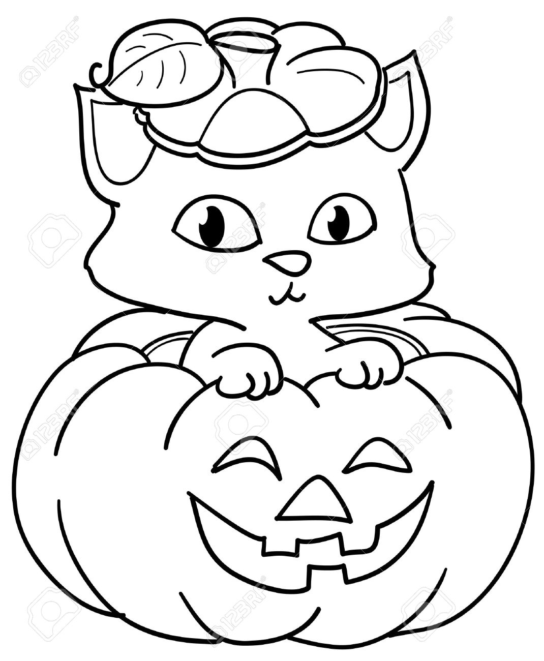 Cute cat in a halloween pumpkin coloring illustration for kids stock photo picture and royalty free image image