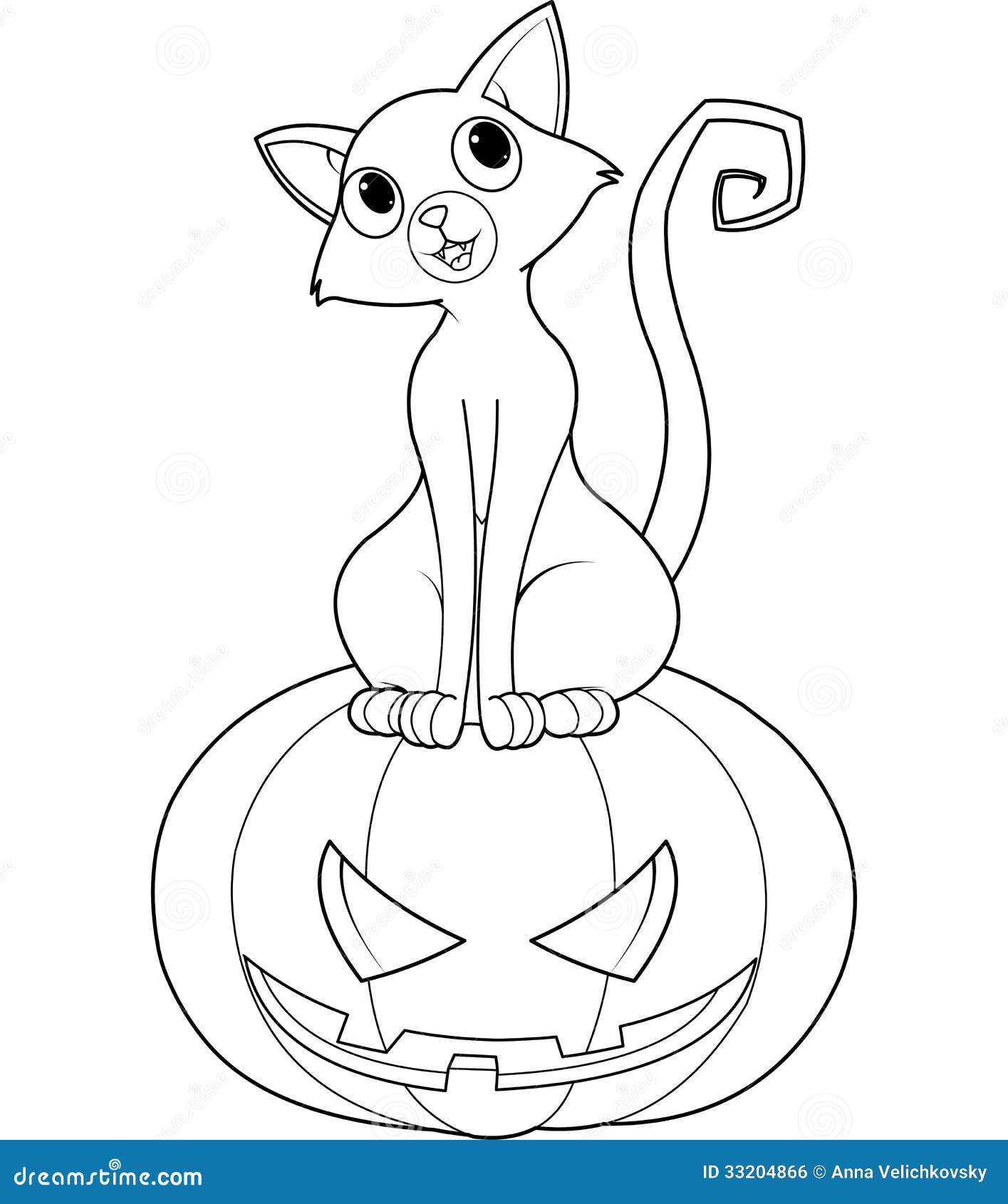 Halloween cat on pumpkin coloring page stock vector
