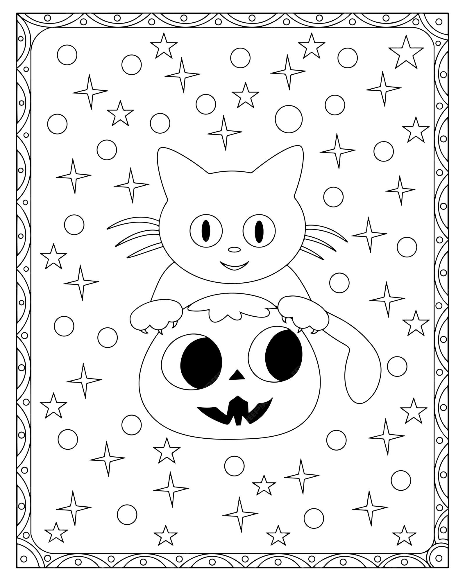 Premium vector halloween cat coloring page premium vector