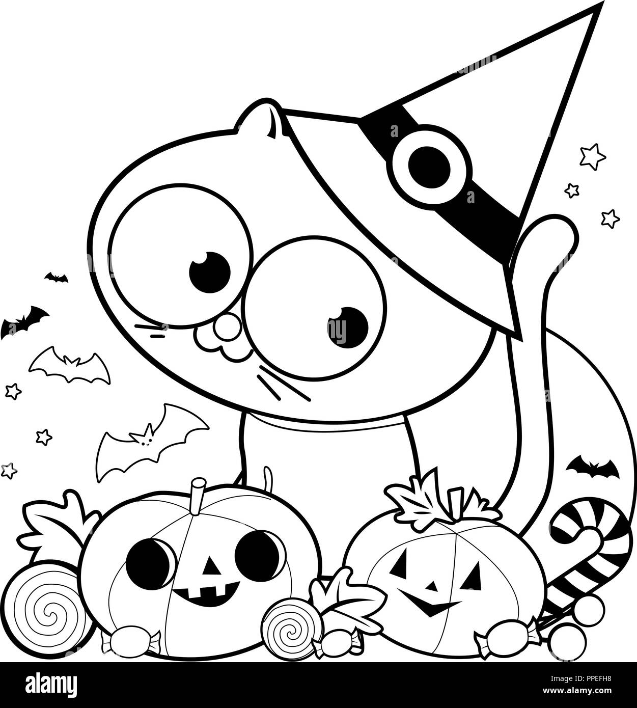 Halloween cat pumpkins and treats black and white coloring book page stock vector image art