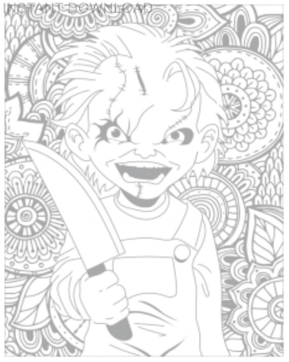 Printable halloween coloring pageinstant downloaddigital filefreakyscary doll wknife x printable