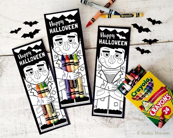 Halloween printable frankenstein coloring page crayon hugger colored pencil holder classroom activity non candy halloween treat goodie gift