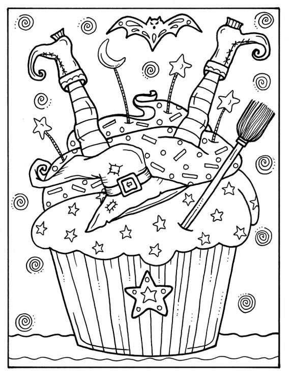 Pages halloween cupcakes to color instant download digital art digi stamp adult coloring color pages spooky witch coloring book