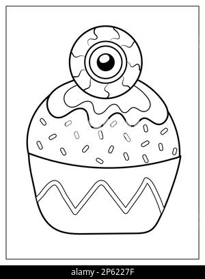 Halloween coloring page with spooky cupcake with cross on it creepy autumn dessert print for coloring book stock vector image art
