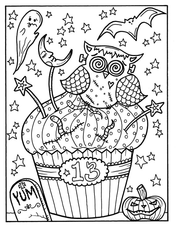 Halloween cupcakes part printables adult coloring fun for halloween digital pages coloring pages witch owl pinup octopus art instant download