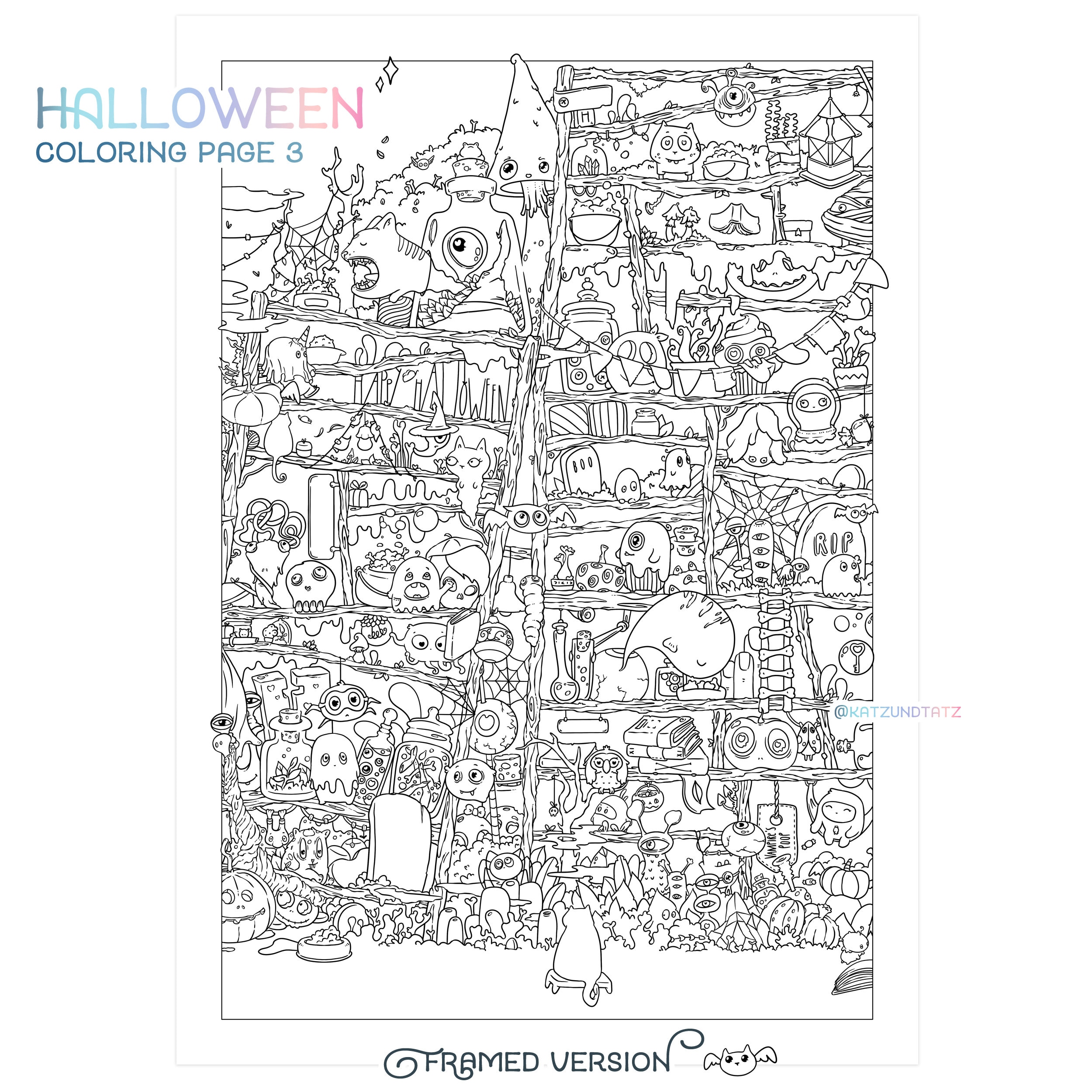 Halloween coloring page cute autumn doodle digital download pdf printable mushroom potion cat skull adult coloring page by jen katz