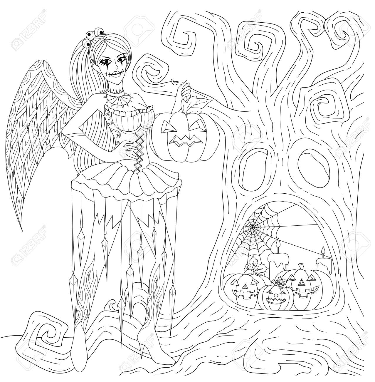 Halloween coloring pages coloring book for adults gothic girl horror background with castle pumpkins and owl antistress freehand sketch drawing with doodle and zentangle elements royalty free svg cliparts vectors and stock
