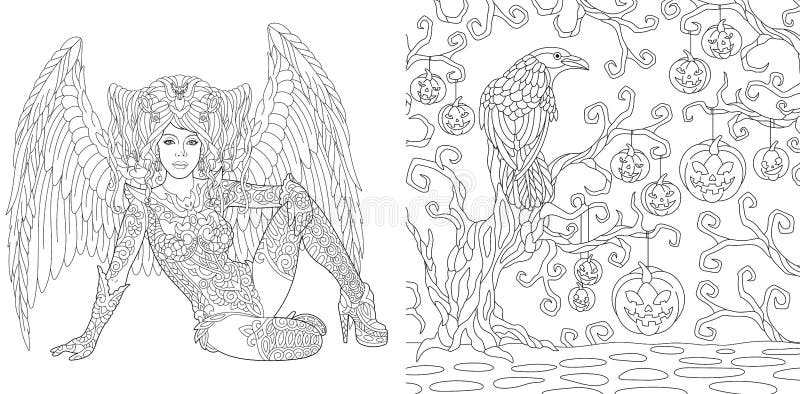 Coloring pages with halloween girl and crow stock vector