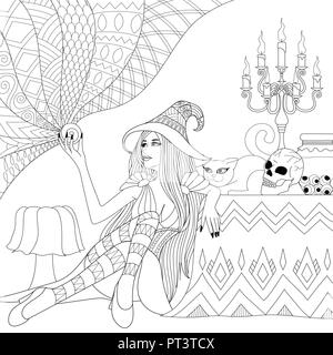 Colouring pages coloring book for adults halloween girl or witch with crystal ball horror background with skullcandles and cat antistress freeh stock vector image art