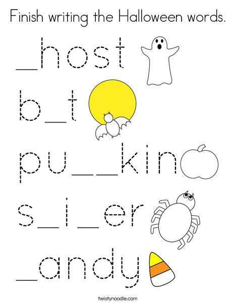 Finish writing the halloween words coloring page