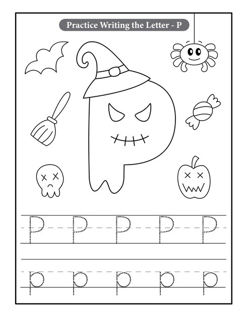 Premium vector halloween alphabet coloring pages with baby ghost
