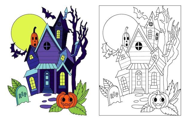 Premium vector spooky hand drawn halloween haunted house creepy halloween coloring illustration artwork