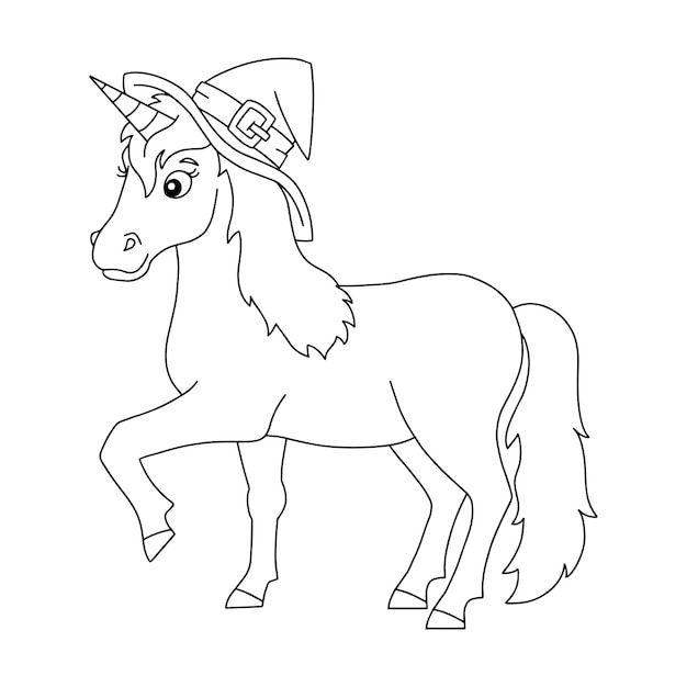 Premium vector unicorn in a hat magic fairy horse halloween theme coloring book page for kids cartoon style