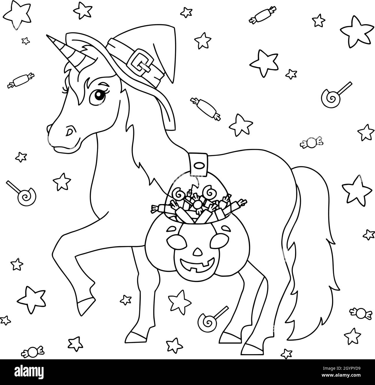 A unicorn in a witch hat carries a pumpkin basket with sweets magic fairy horse halloween theme coloring book page for kids cartoon style vector stock vector image art