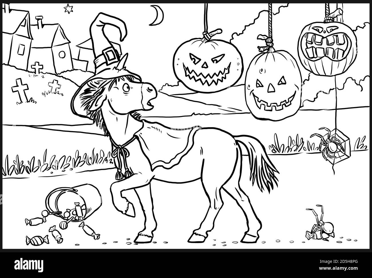 Funny unicorn and halloween pumpkins for coloring coloring page for horse lovers stock photo