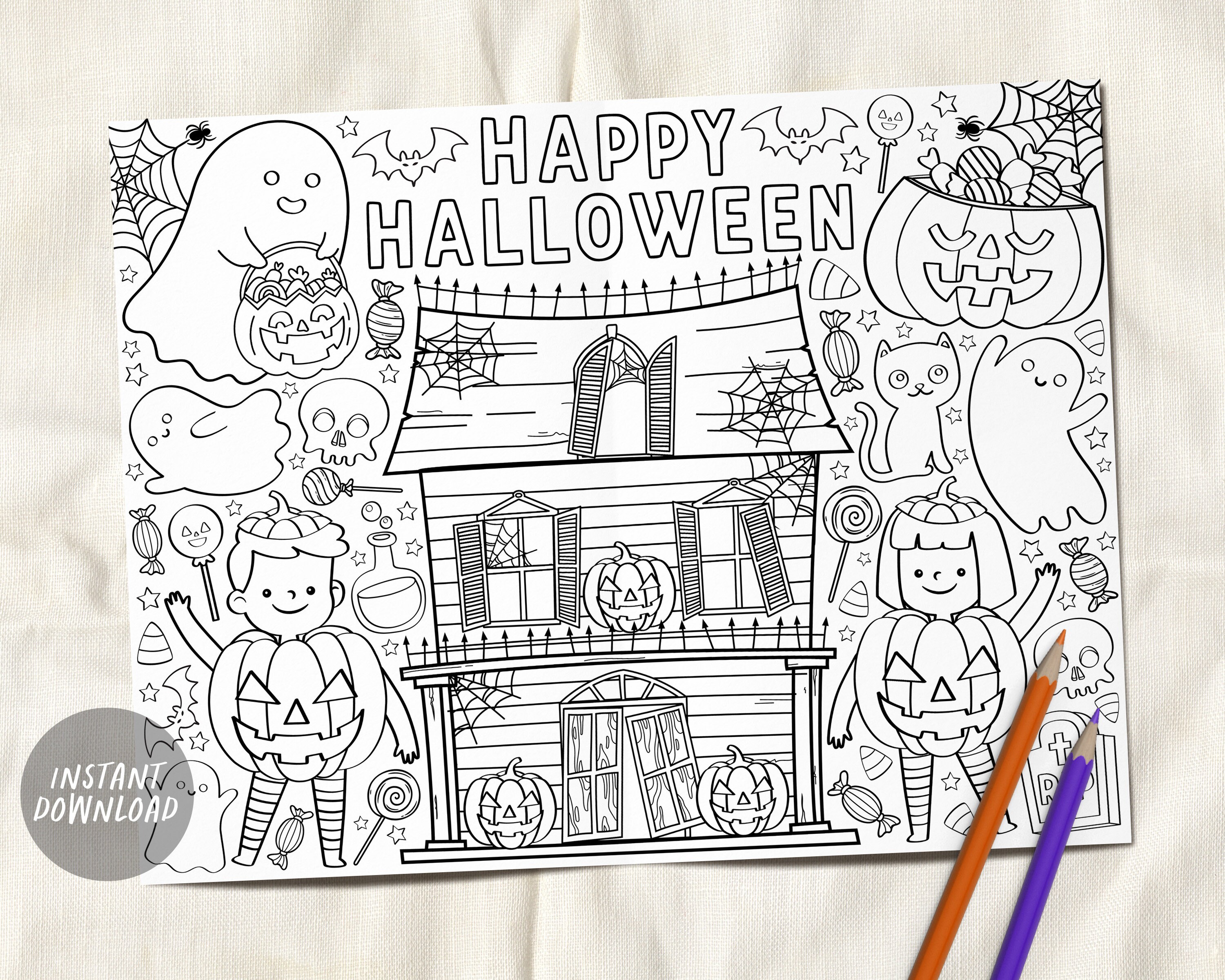 Halloween coloring page placemat for kids cute spooky