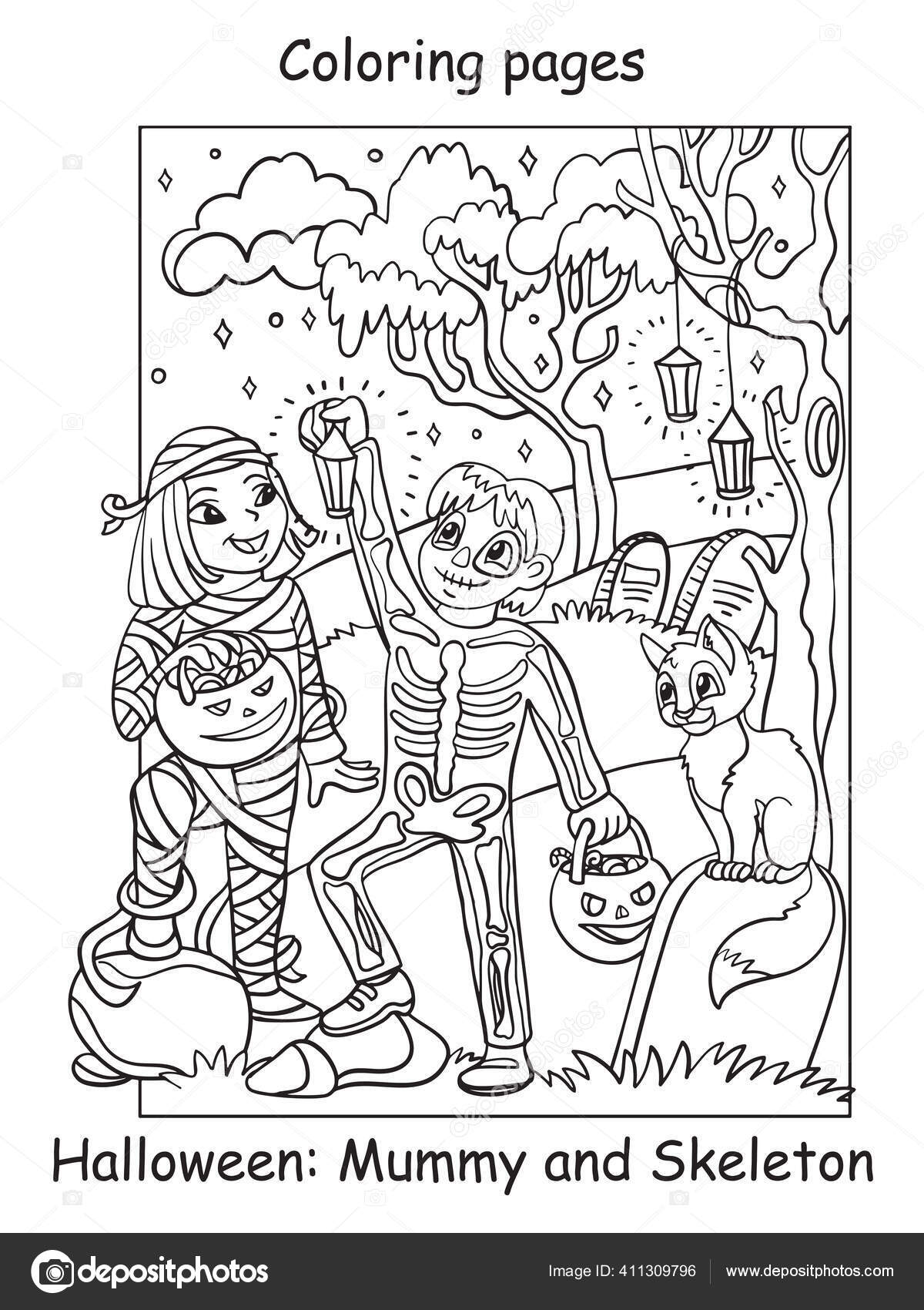 Vector coloring pages happy children costumes skeleton mummy halloween concept stock vector by alinart