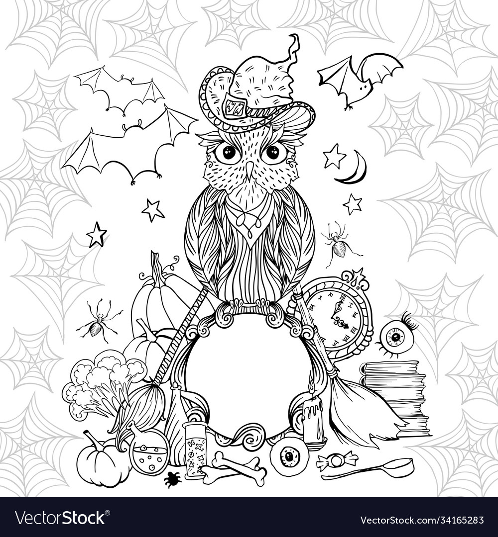 Halloween coloring page with owl in hat witch vector image
