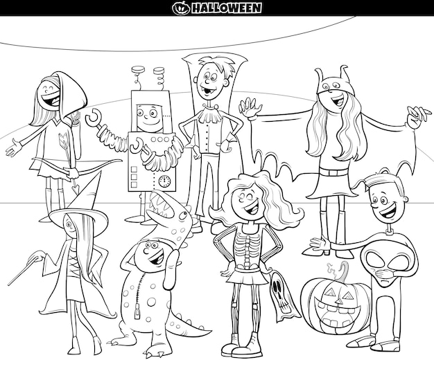 Premium vector cartoon characters at halloween party coloring book page