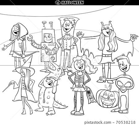 Cartoon characters at halloween party coloring