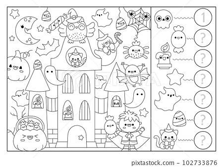 Vector black and white halloween searching game