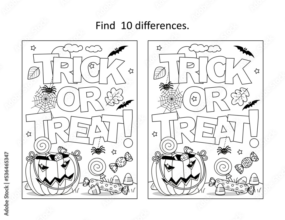 Halloween trick or treat find the differences picture puzzle and coloring page vector