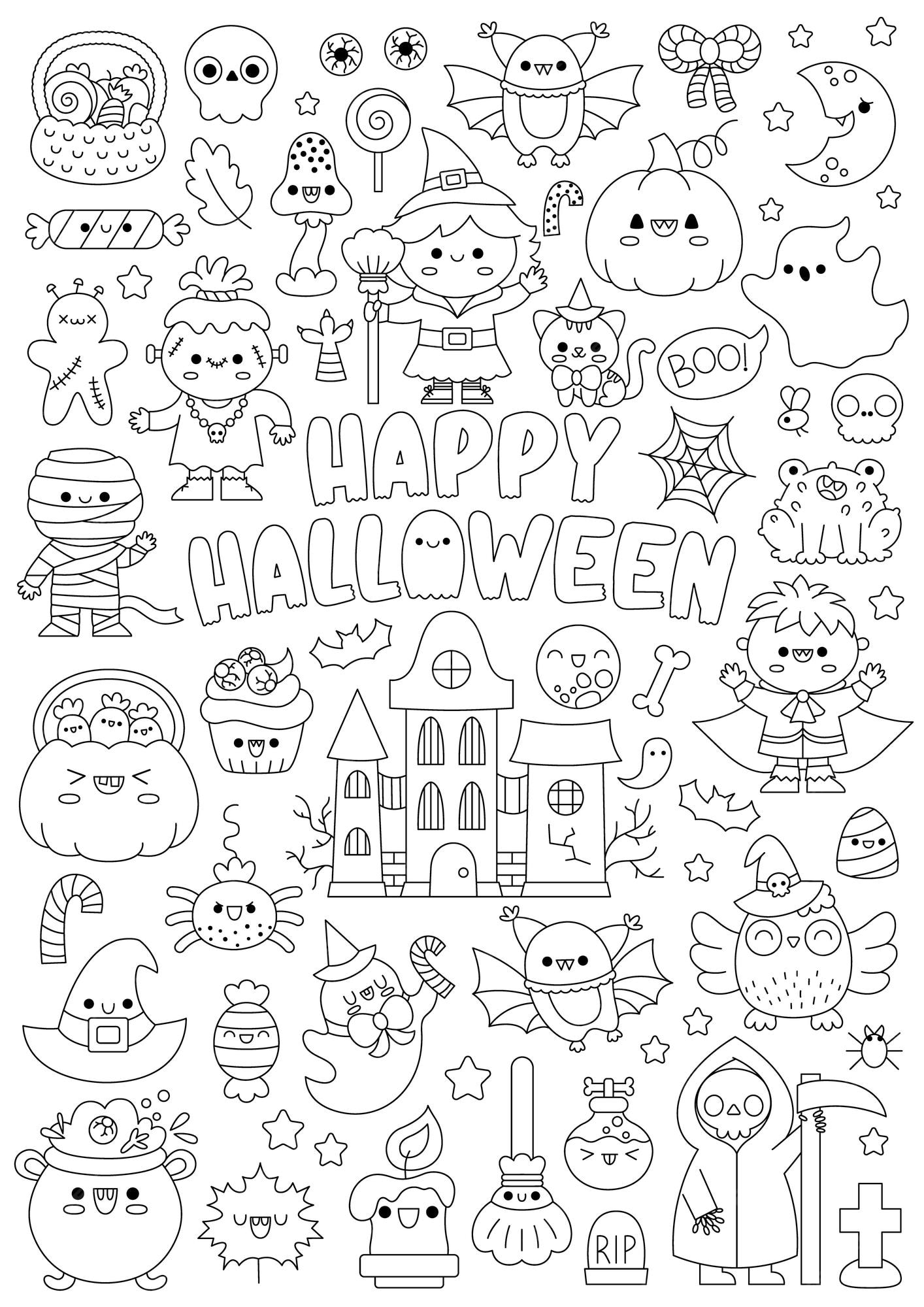 Premium vector vector halloween vertical line coloring page for kids with cute kawaii characters black and white autumn holiday illustration with witch vampire ghost pumpkin funny searching poster
