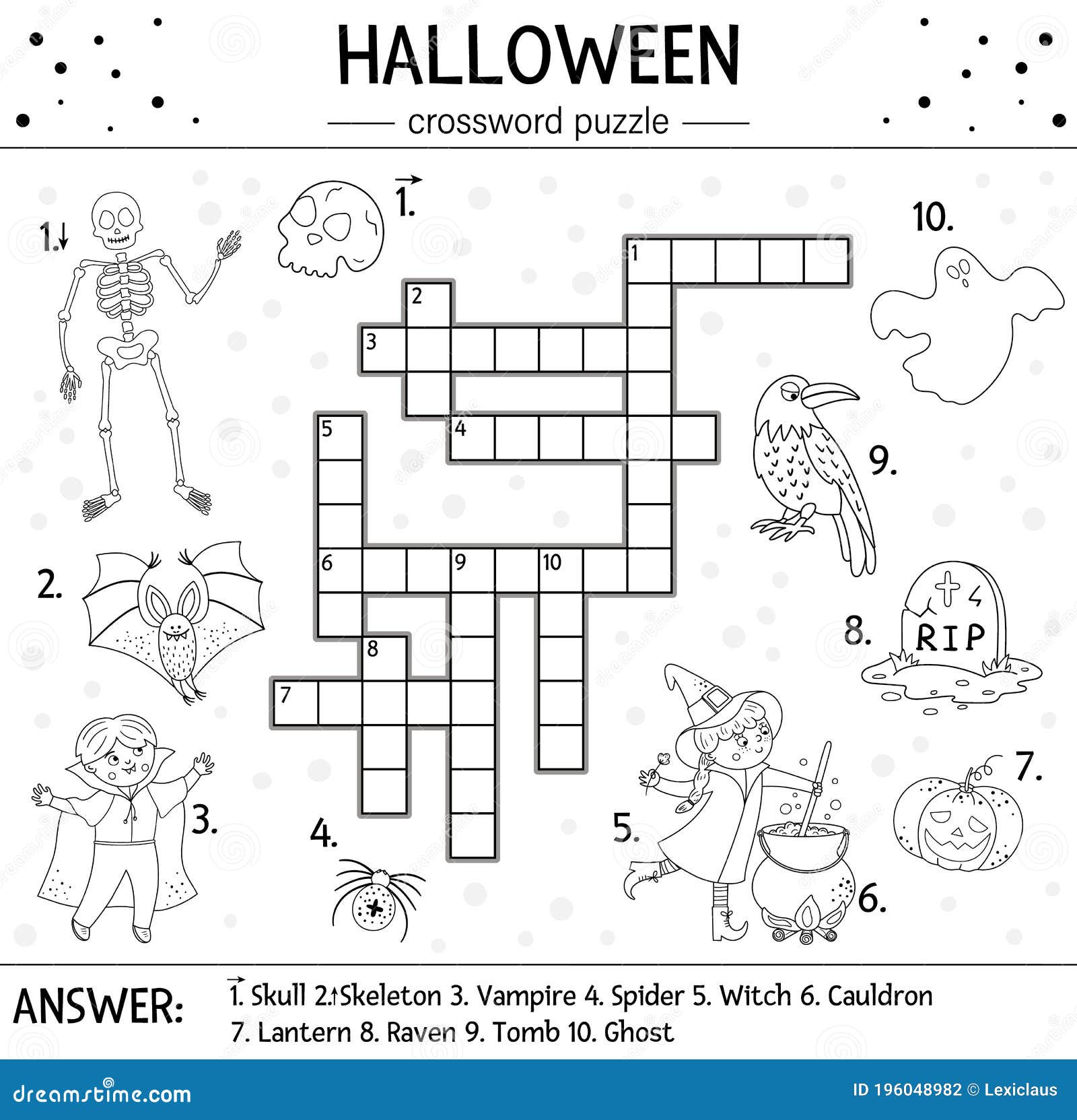Vector black and white halloween crossword puzzle for kids simple quiz or coloring page with all saints day objects stock vector