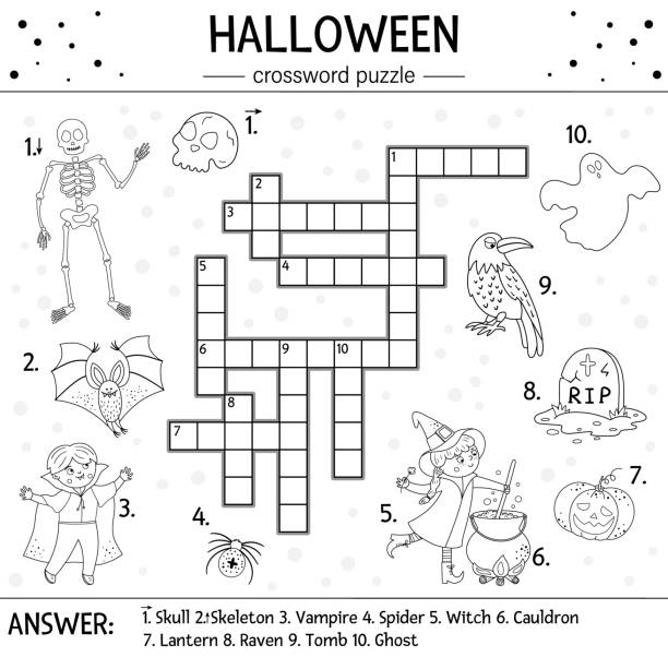 Vector black and white halloween crossword puzzle for kids simple quiz or coloring page with all saints day objects educational activity with traditional scary objects such as witch ghost vampire stock illustration