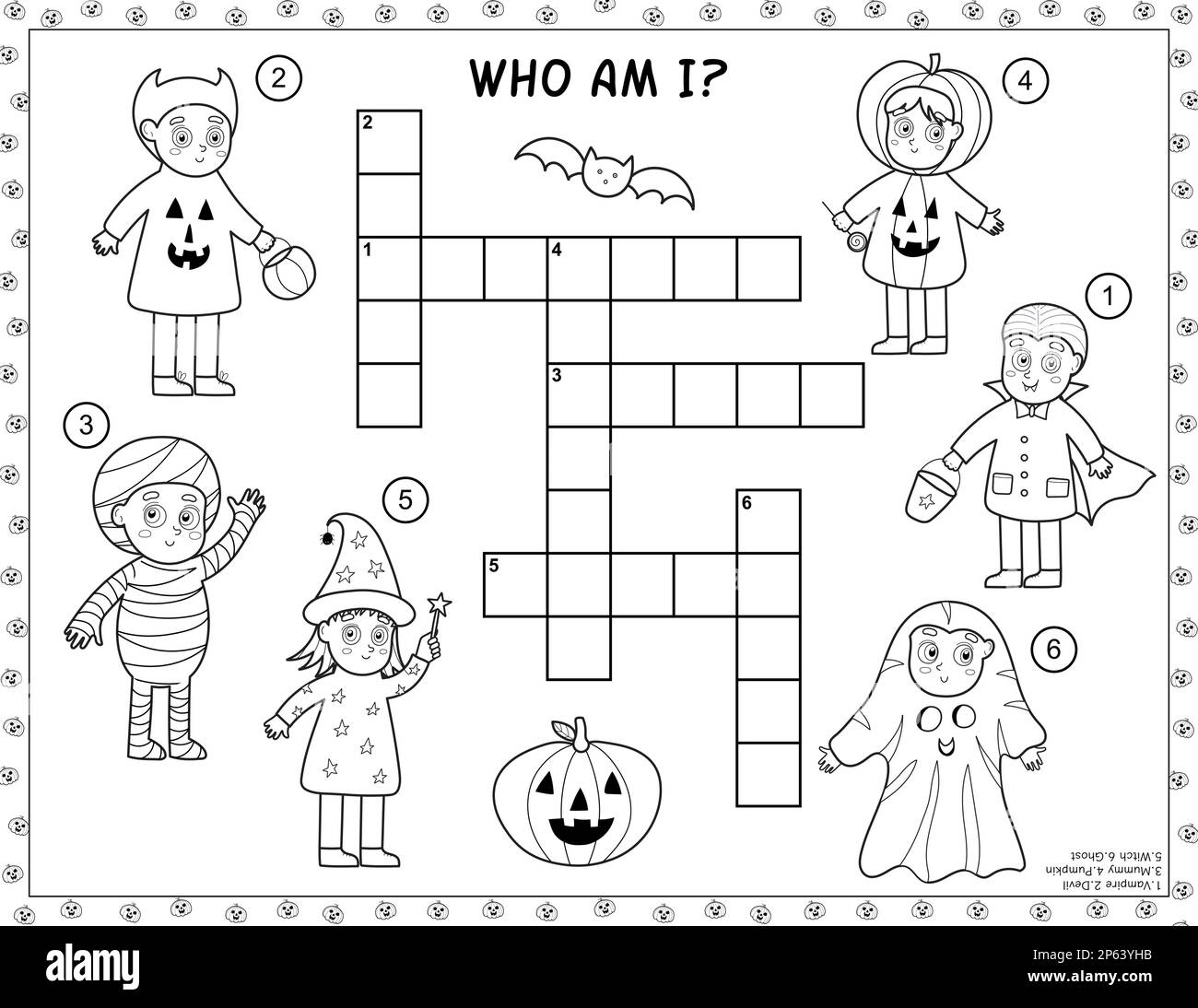 Black and white halloween crossword with cute kids stock vector image art